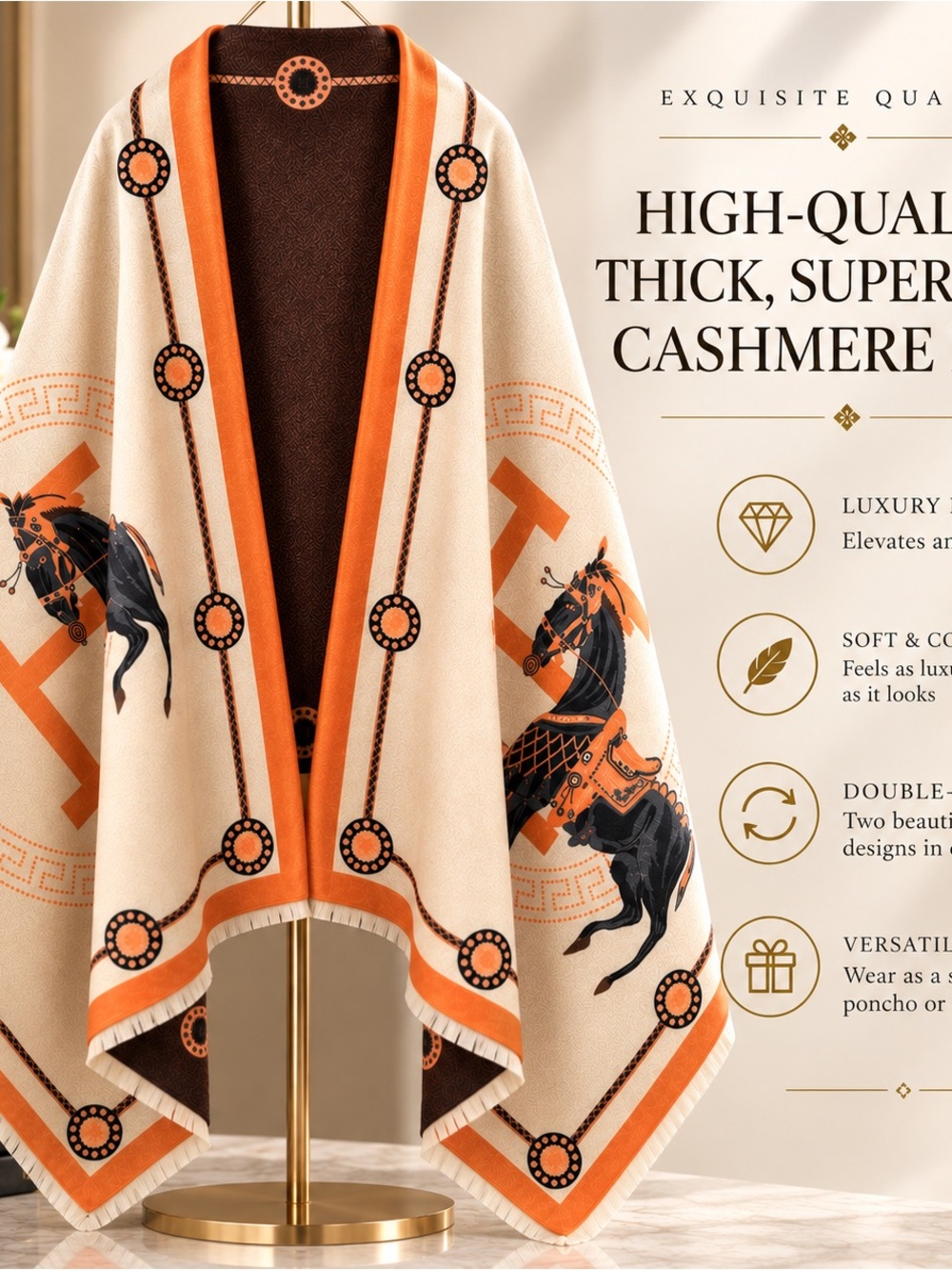 LUXURIOUS REVERSIBLE SHAWL / WRAP / PASHMINA MIX WITH EQUESTRIAN-INSPIRED PATTER